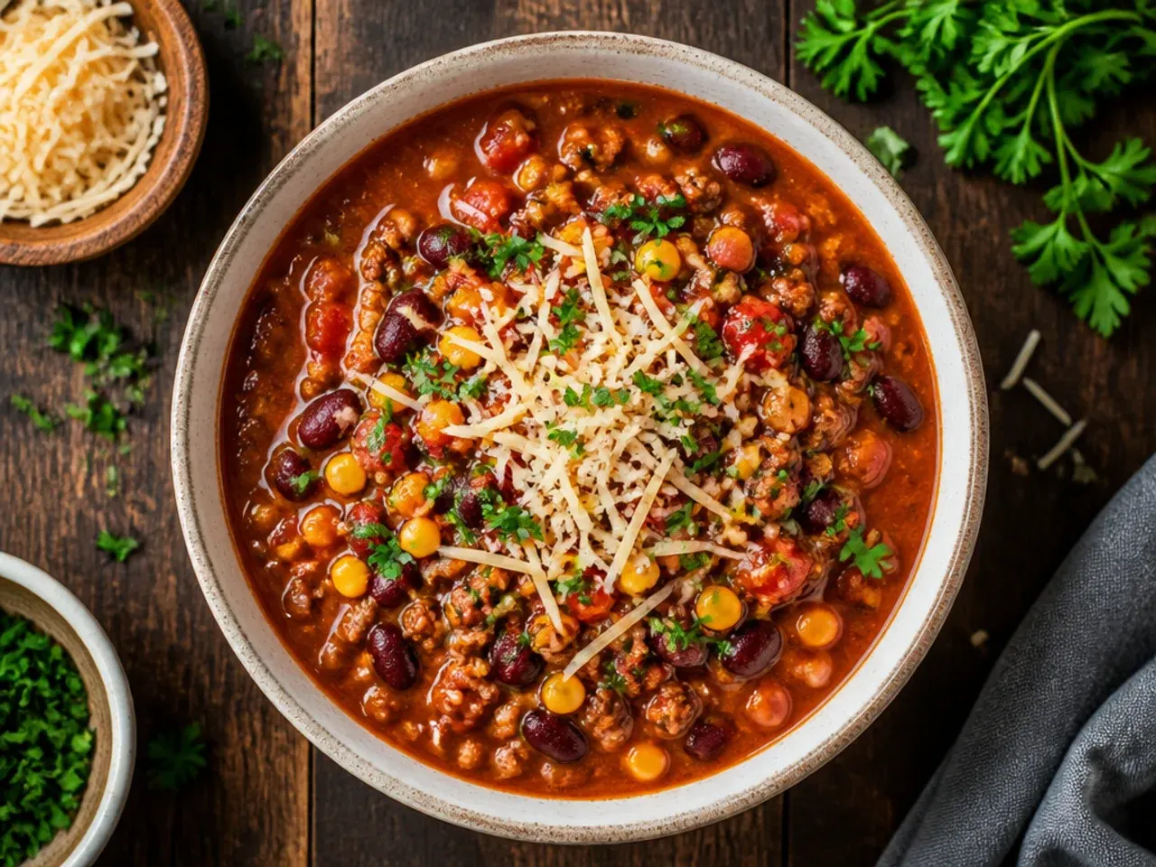 Pot of classic ground beef 7 can taco soup simmering on the stove