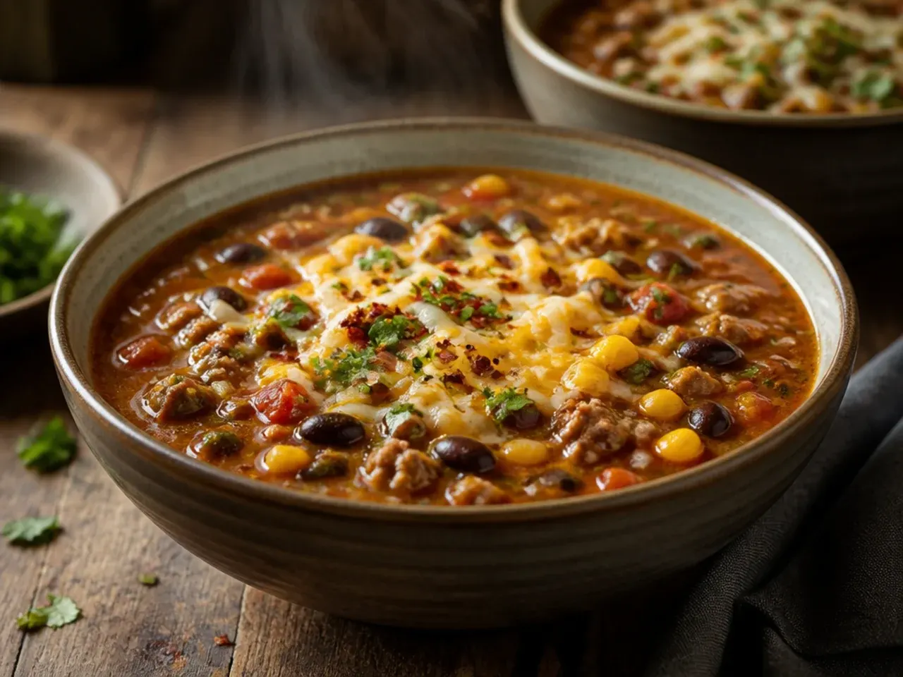 Quick weeknight taco soup ladled into a bowl with a spoon