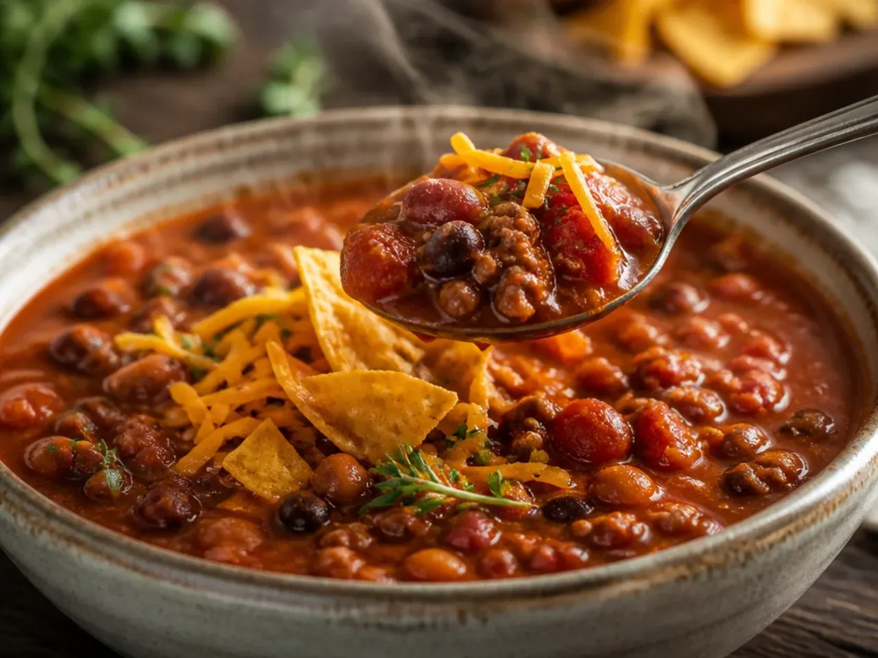 Thick, chunky beef and bean taco soup in a rustic bowl