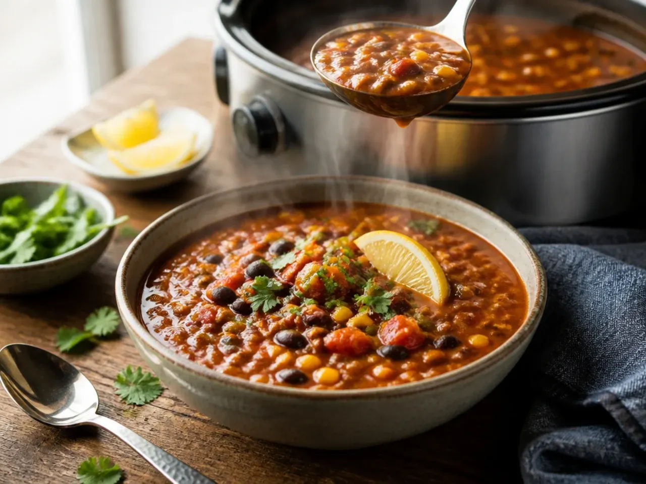 Slow cooker filled with taco soup, lid resting to the side