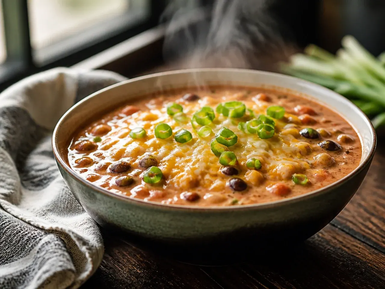 Creamy taco soup with a swirl of melted cream cheese on top