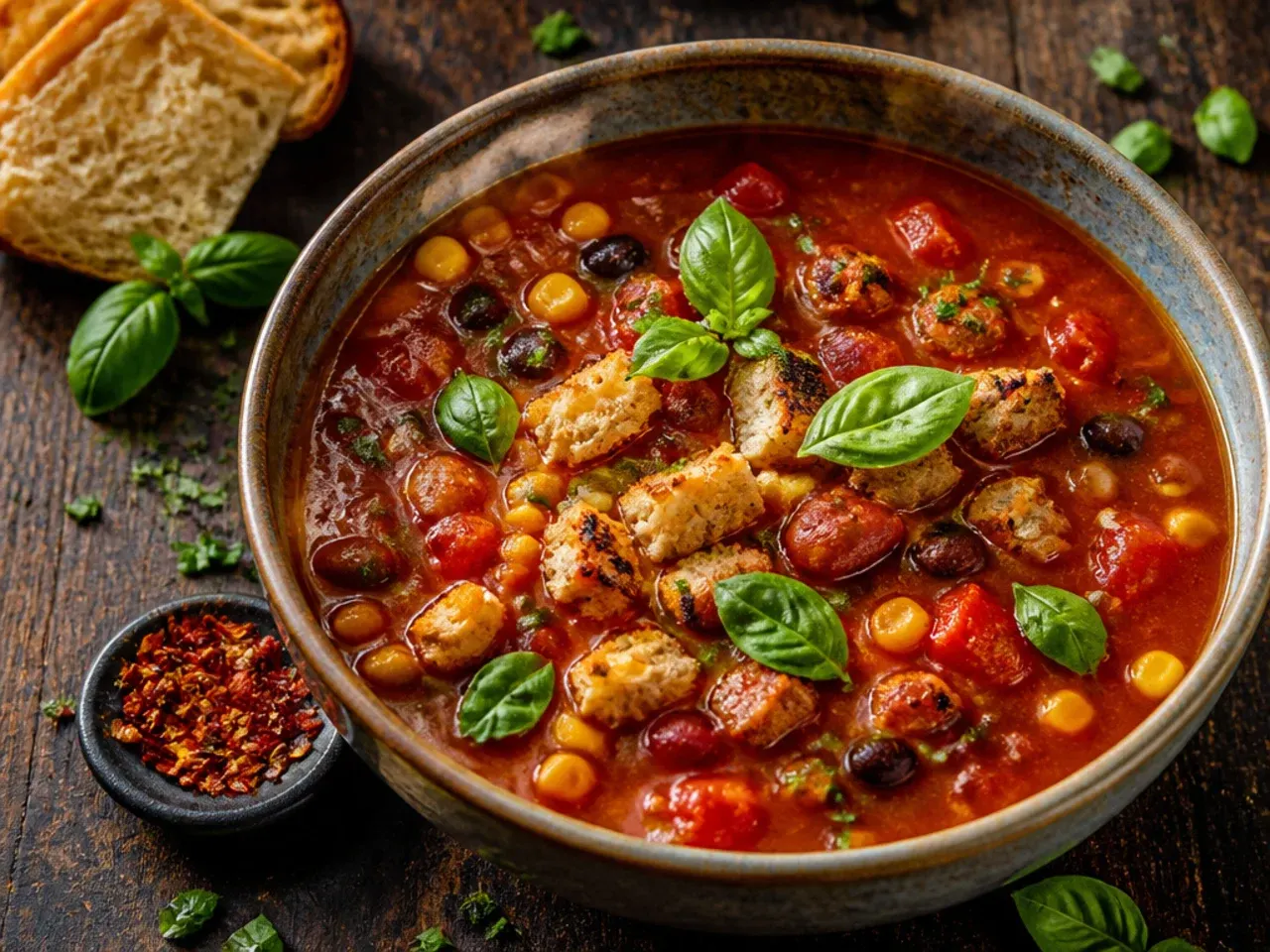 Vegetarian taco soup with beans, corn and tomatoes, no meat