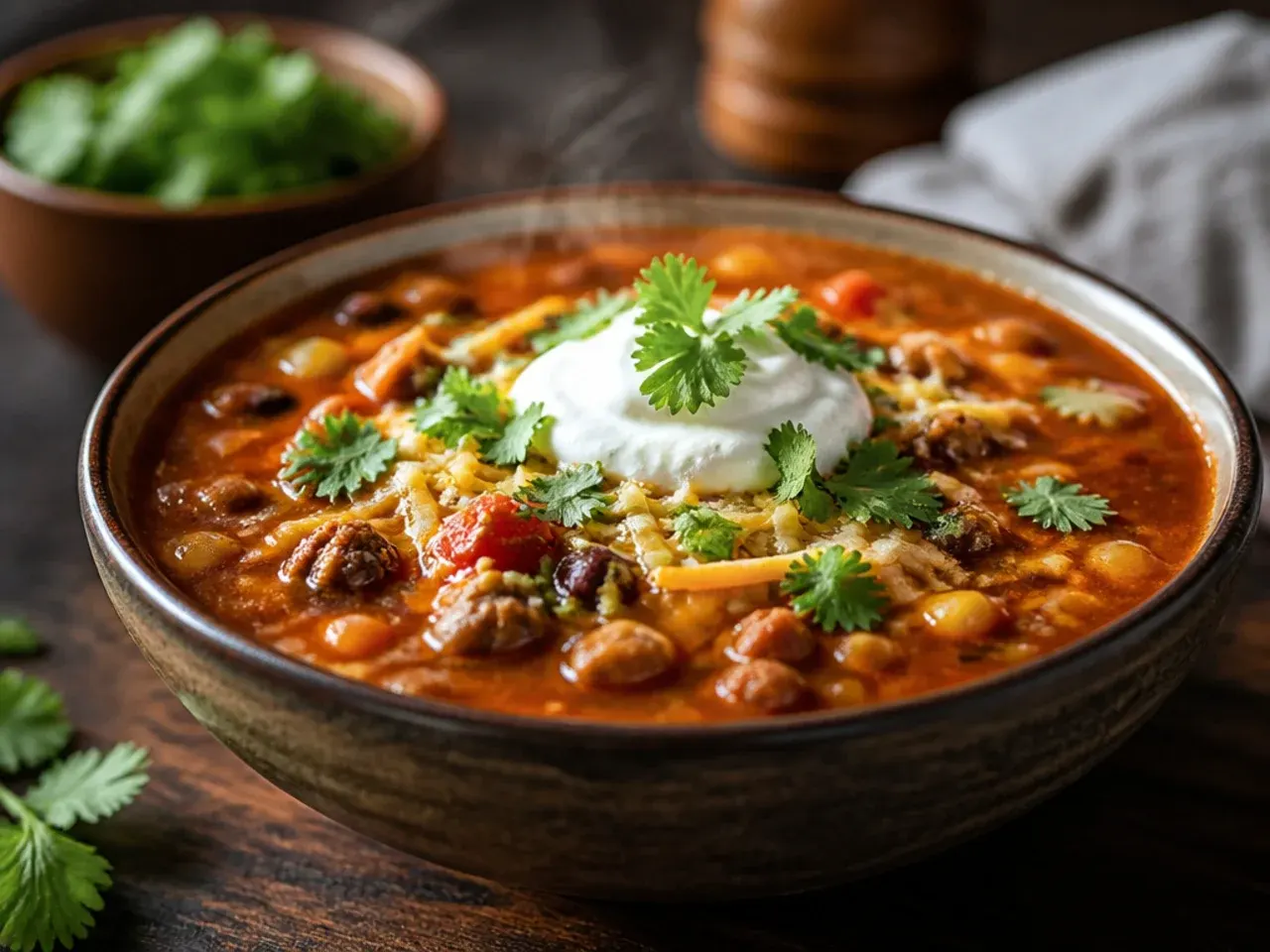 Cheesy queso-style taco soup with melted cheese and tortilla chips