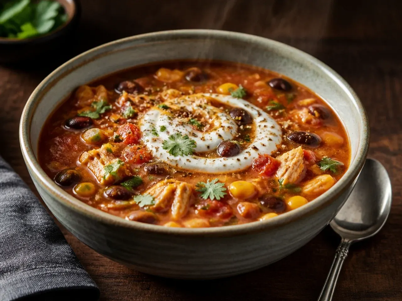 Bowl of comforting chicken taco soup with shredded chicken and beans