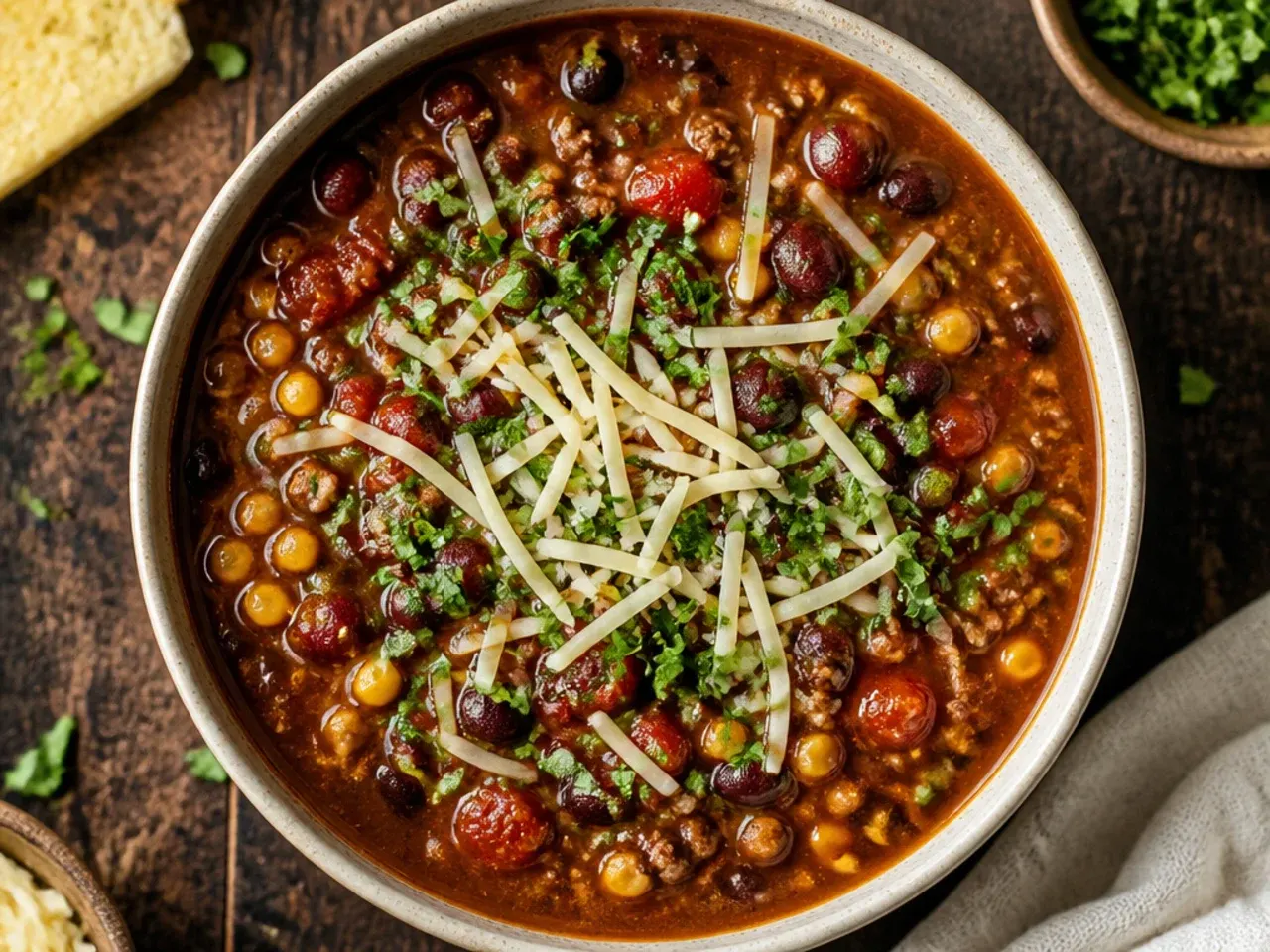 Budget taco soup made with basic tinned beans, corn and tomatoes