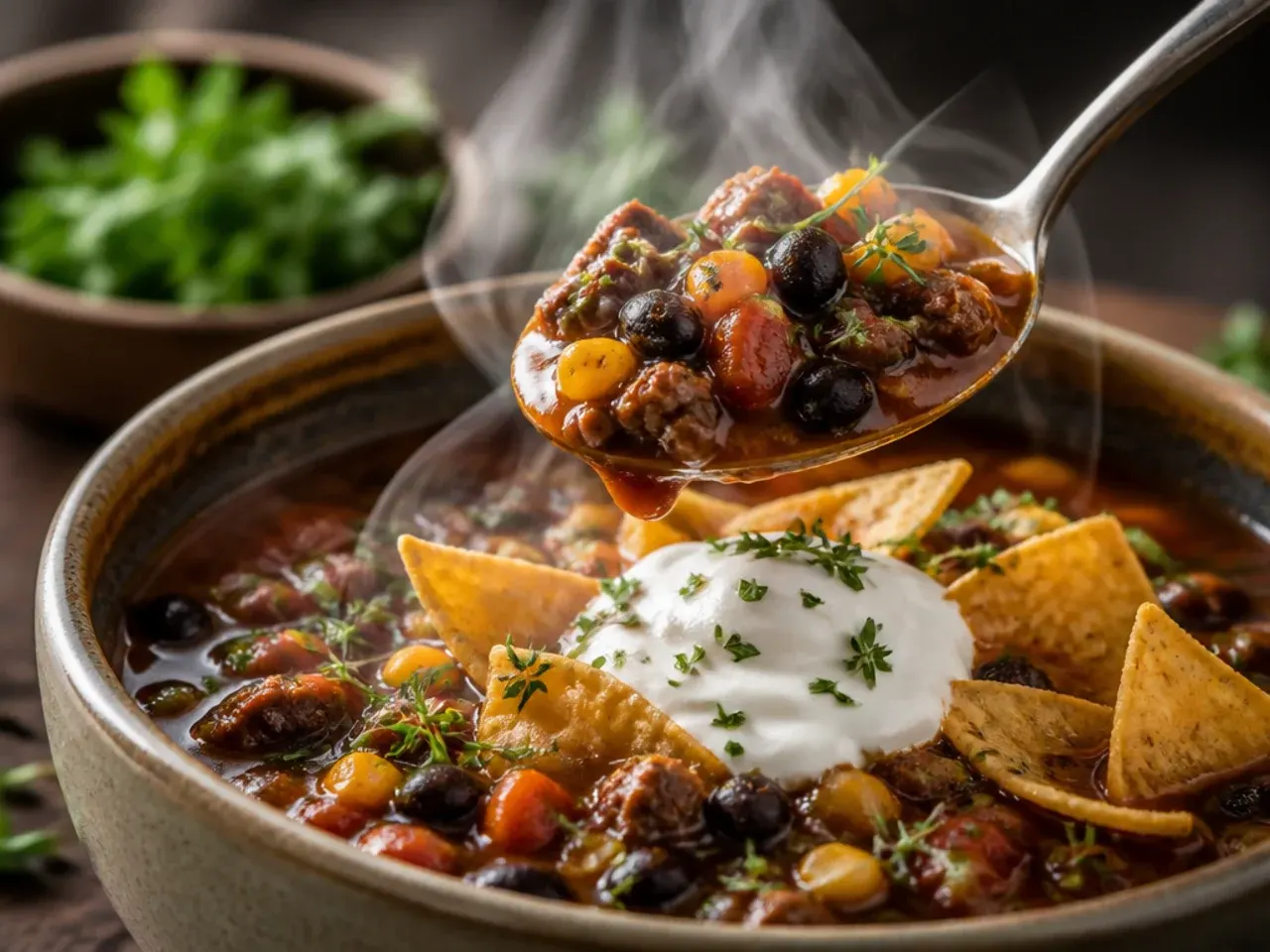 Smoky chipotle taco soup with visible flecks of adobo sauce