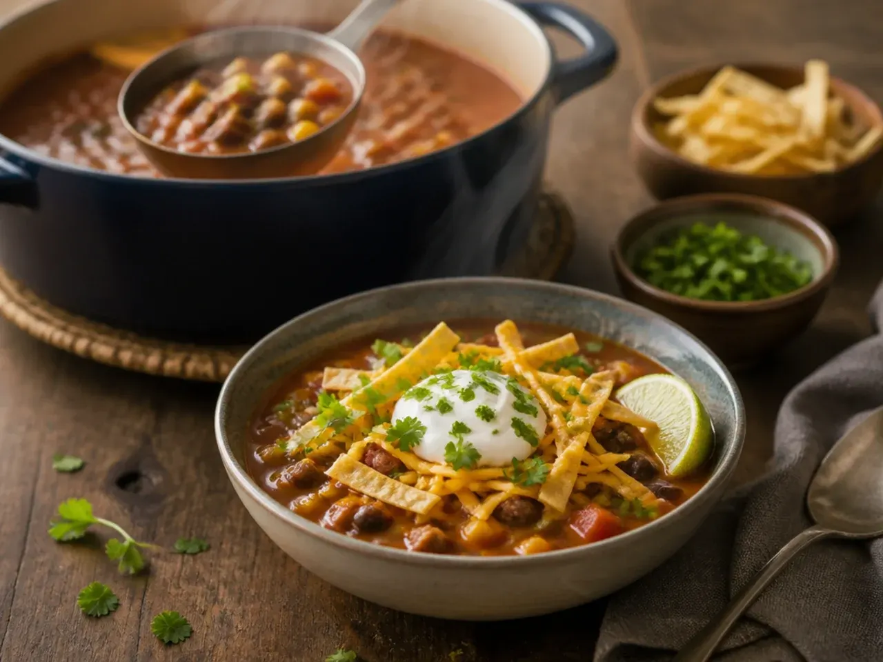 Loaded nacho-style taco soup with tortilla chips, avocado and cheese