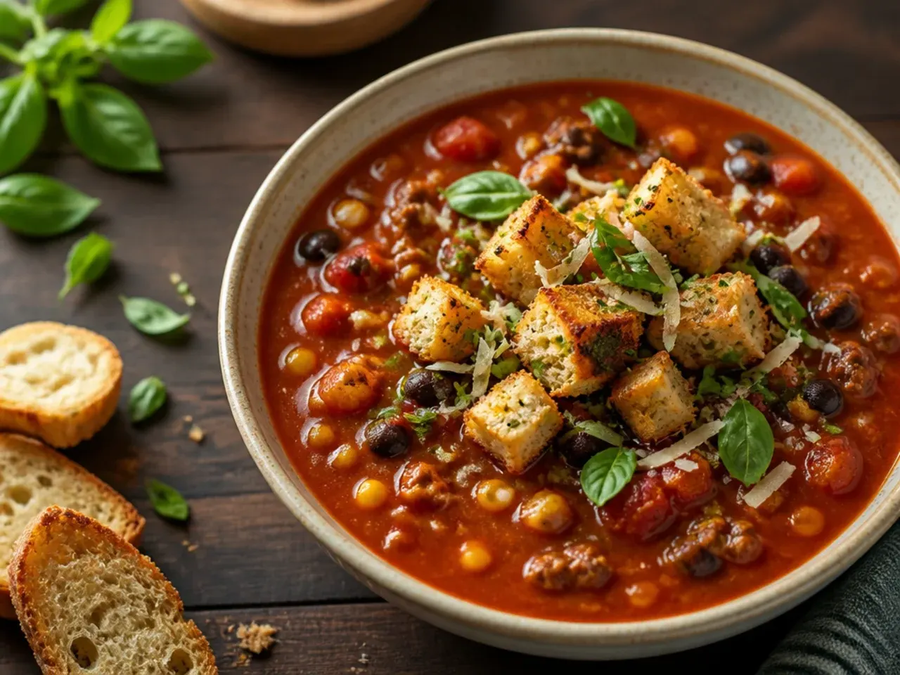 Deep South-style taco soup served with a wedge of cornbread