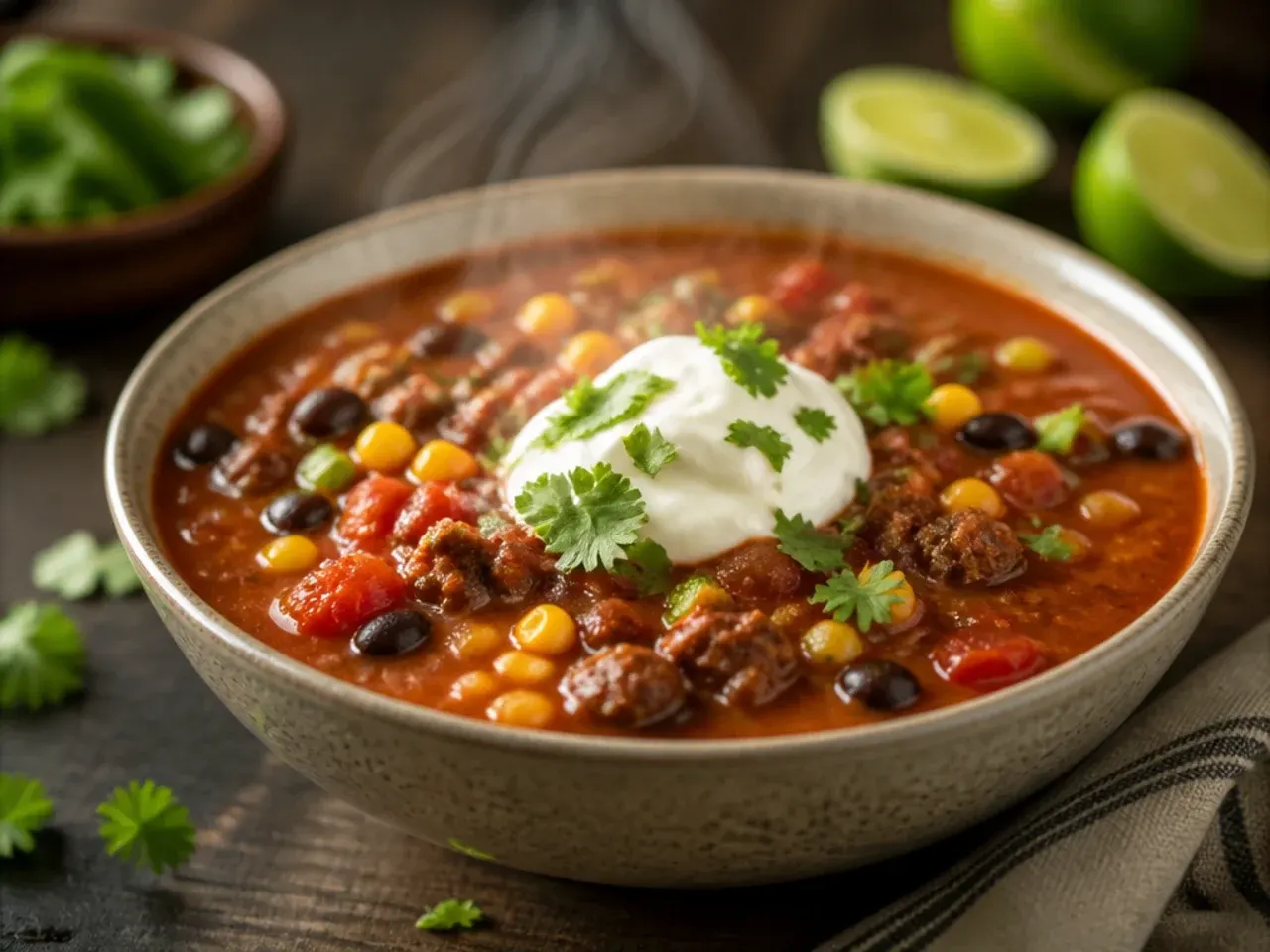 One-pot taco soup simmering in a Dutch oven on the hob