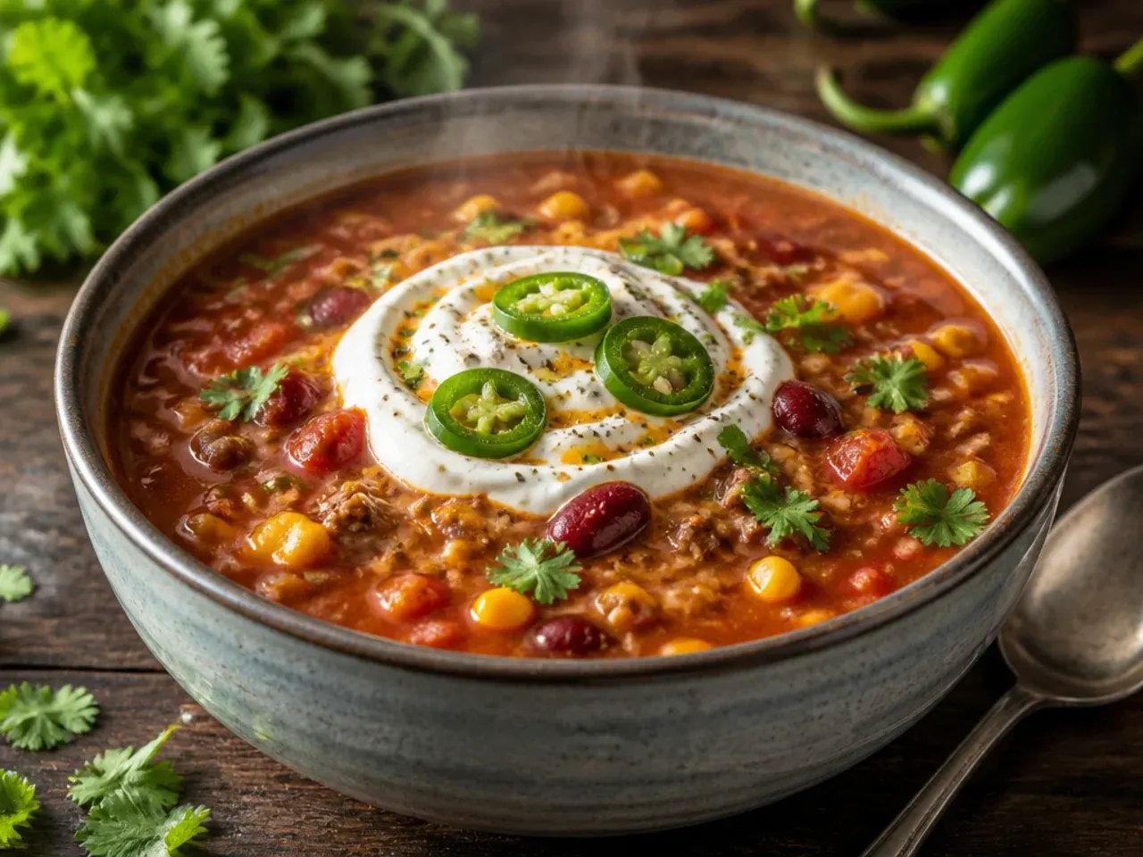 Spicy taco soup topped with sliced fresh and pickled jalapeños