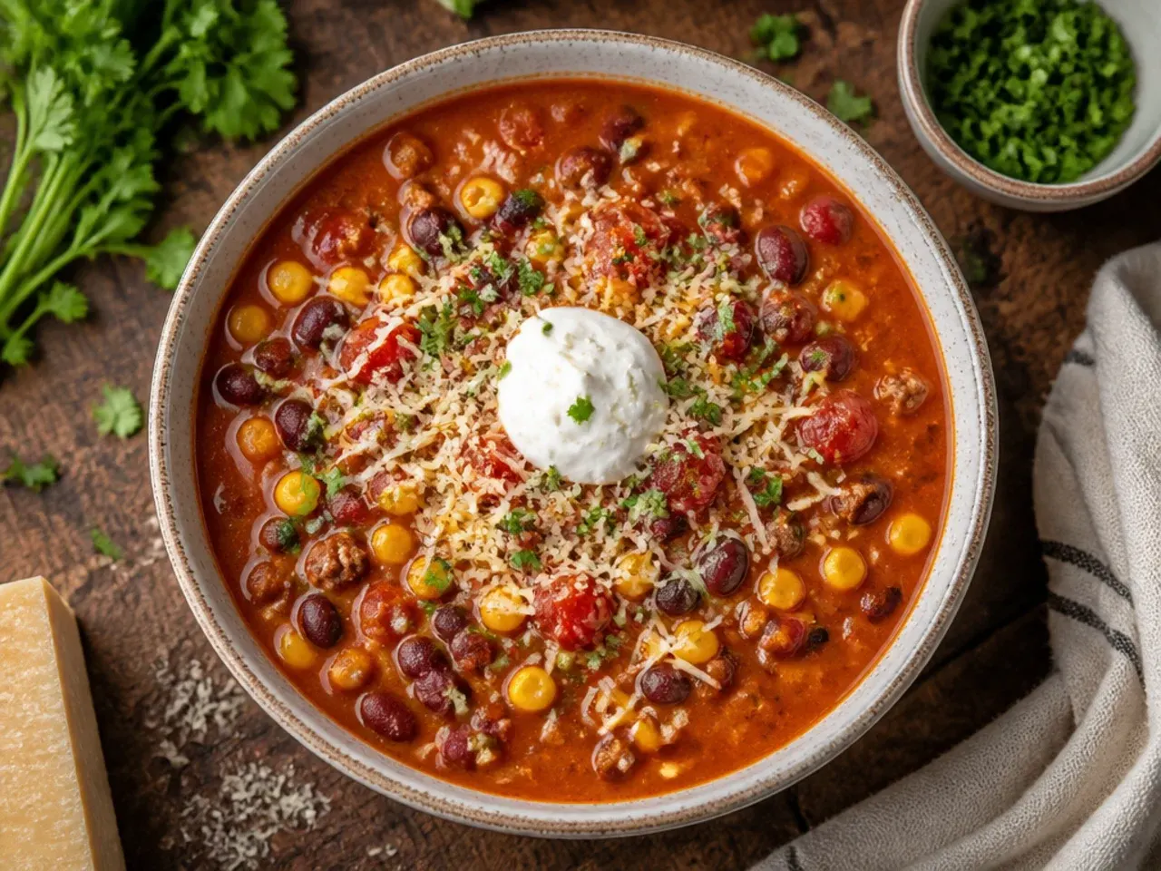 Ranch-style taco soup with a swirl of ranch dressing on top