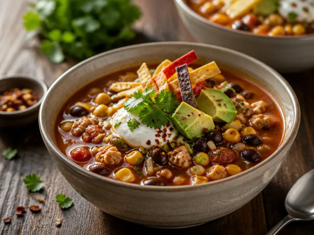 Turkey and black bean taco soup in a white bowl