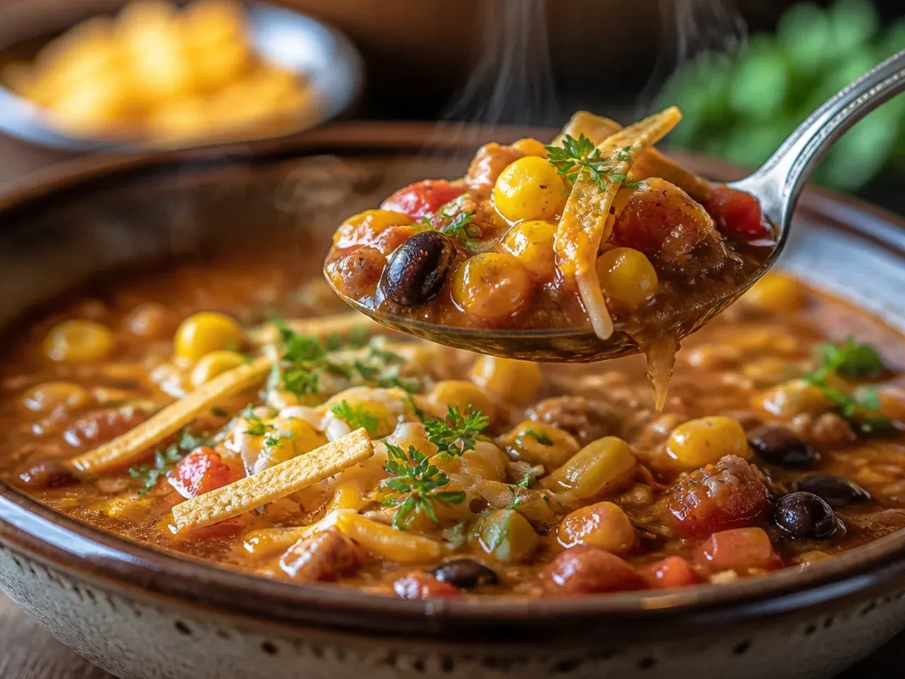 Enchilada-style taco soup with extra corn and tortilla chips