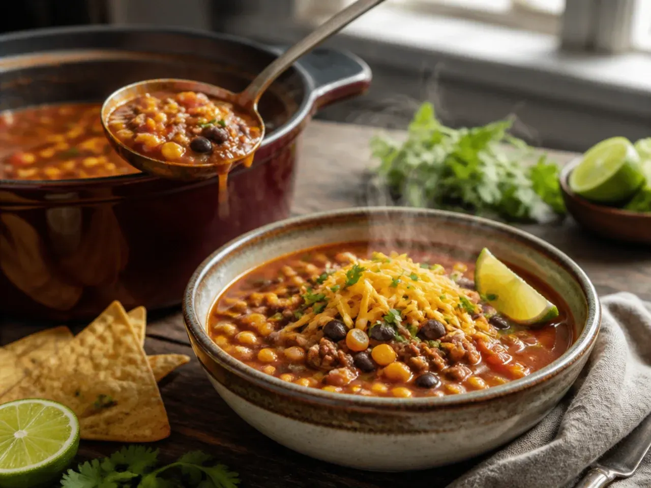 Tex-Mex taco soup with lime wedges and fresh coriander