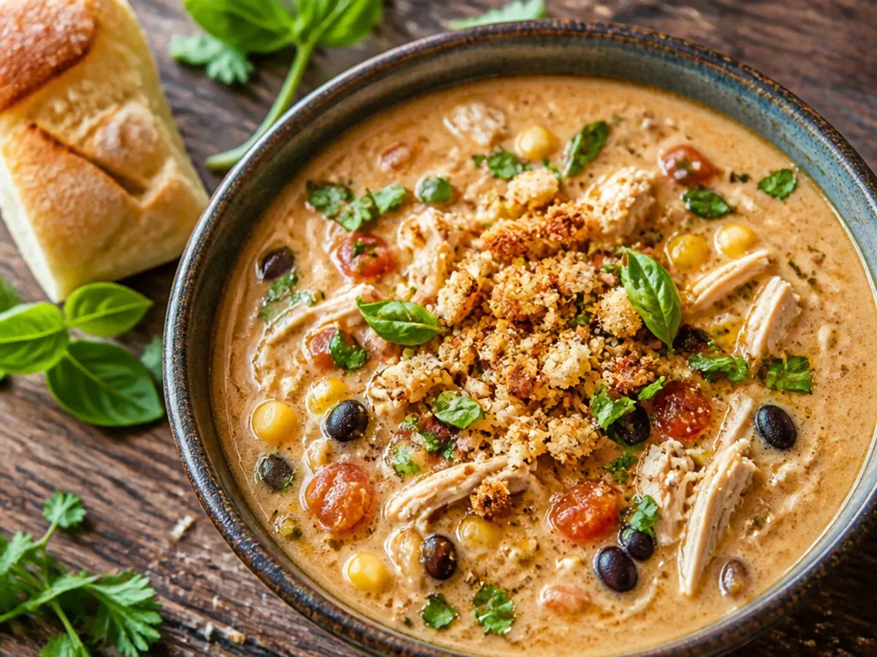 Pale, creamy white chicken taco soup topped with pepper jack cheese