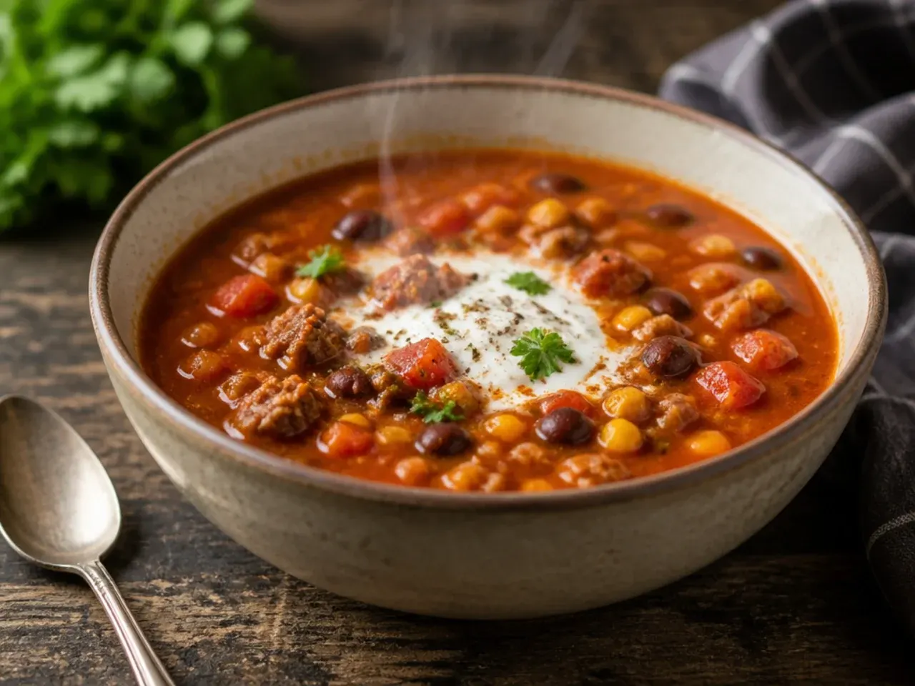 Simple five-ingredient taco soup with just beef, beans and tomatoes