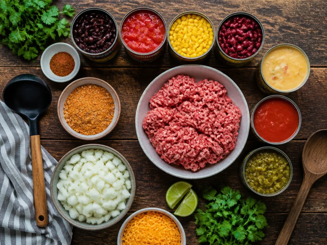 Close-up of a wooden spoon stirring a thick pot of taco soup