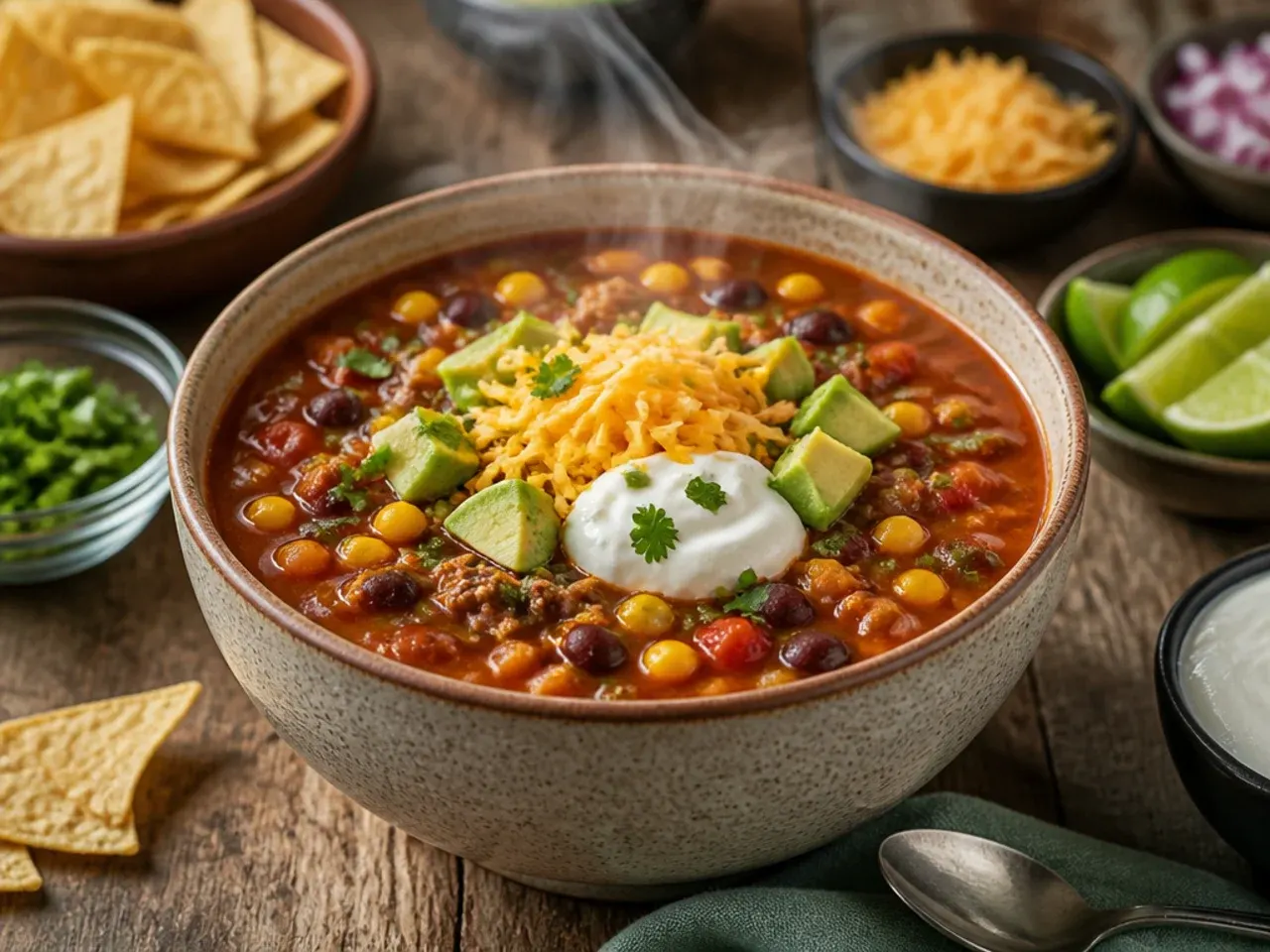 Taco soup toppings bar with bowls of cheese, avocado and tortilla chips