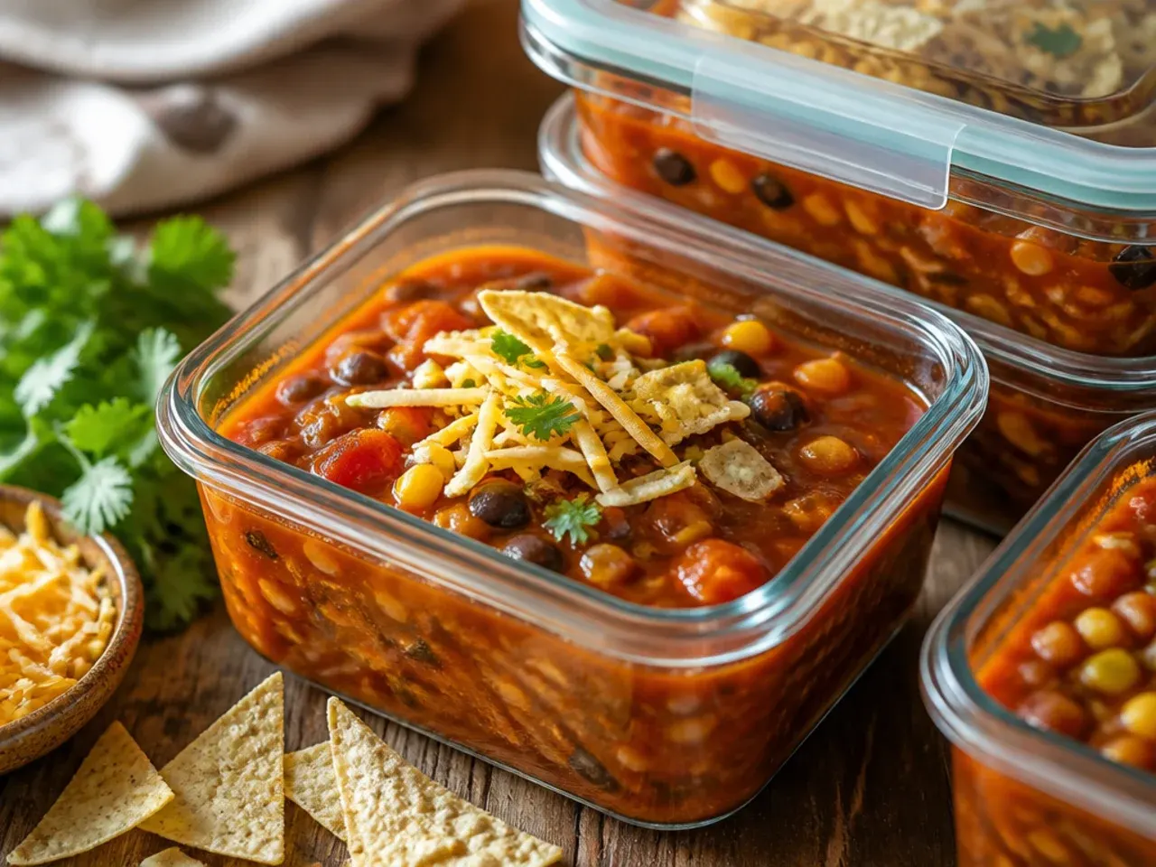 Airtight container of leftover taco soup labelled for the fridge