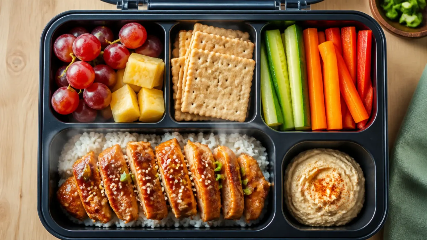 Overhead view of a divided adult bento box filled with teriyaki chicken, rice, steamed broccoli and carrot