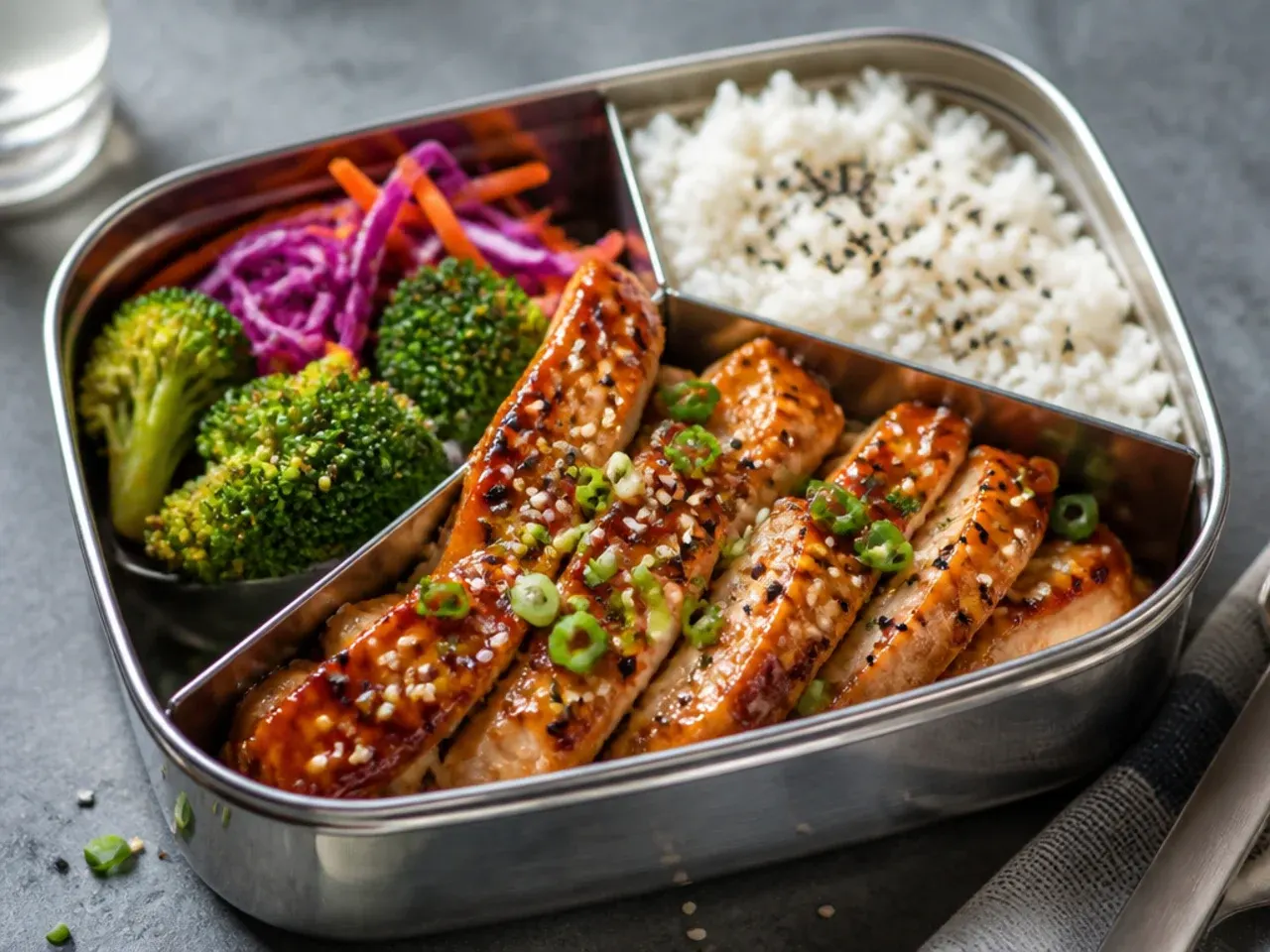 Row of five filled adult bento boxes lined up on a kitchen counter
