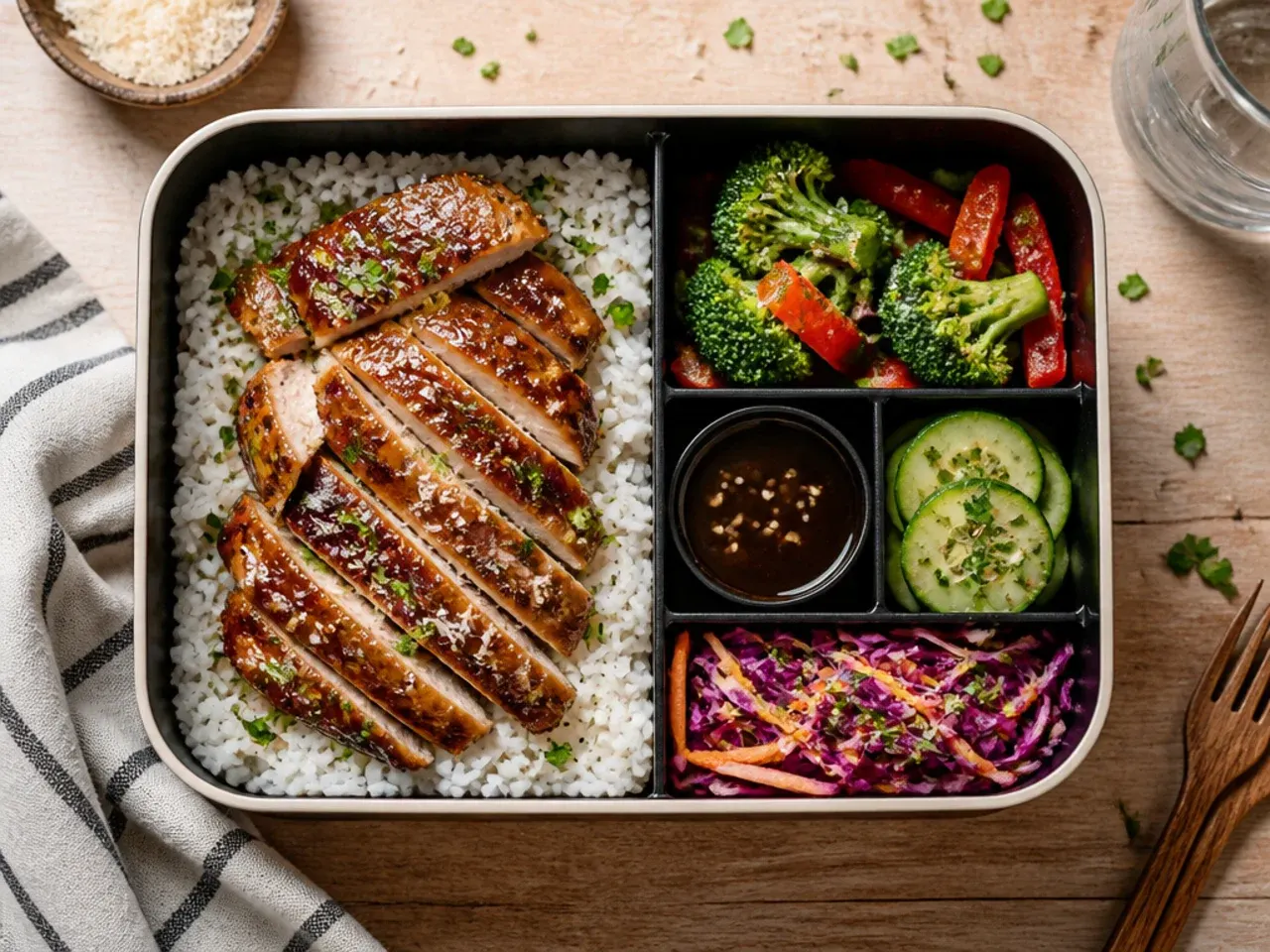 Bento box with glazed teriyaki chicken, rice, broccoli and carrot