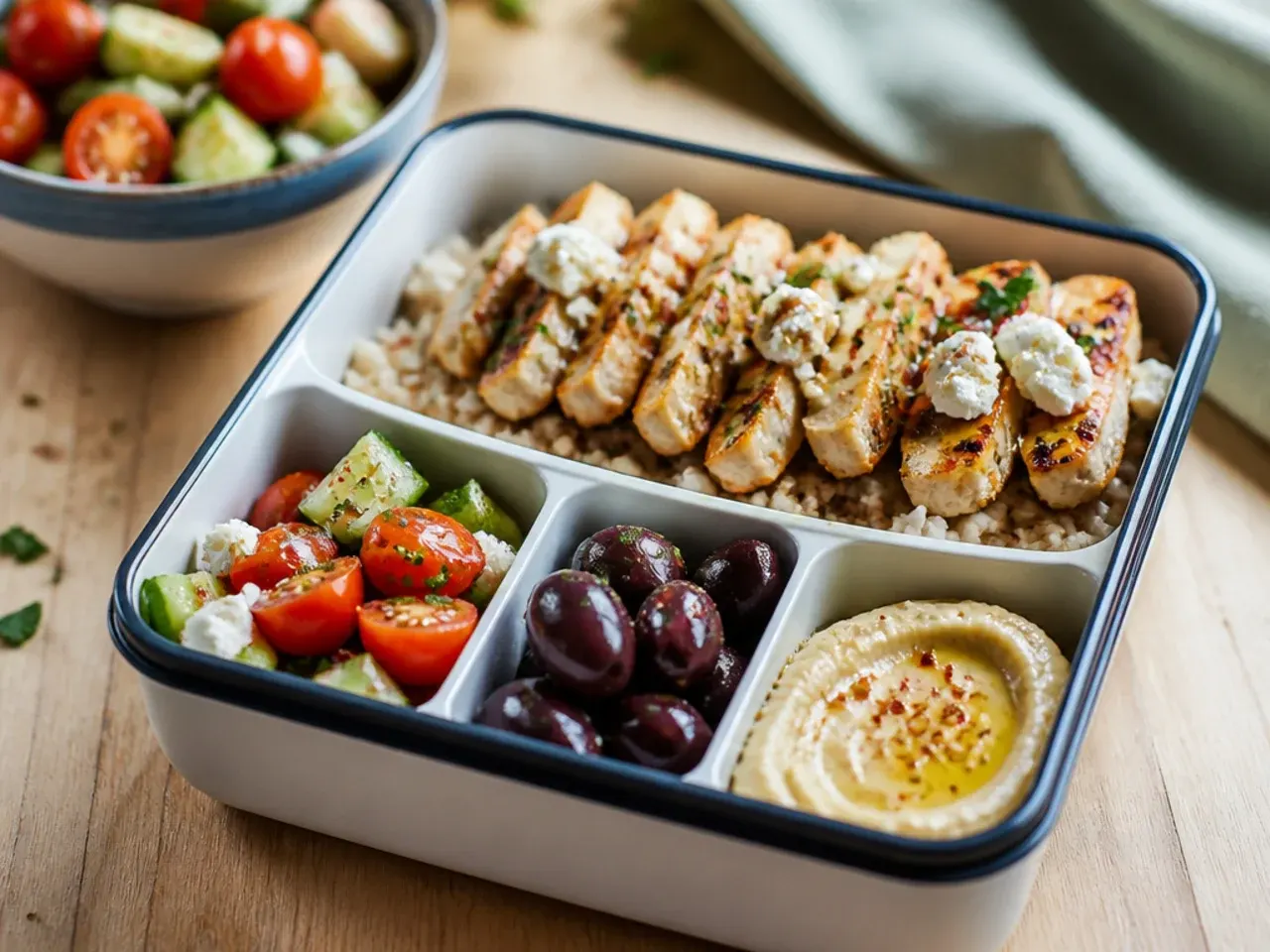 Mediterranean bento box with hummus, pita, olives and cucumber