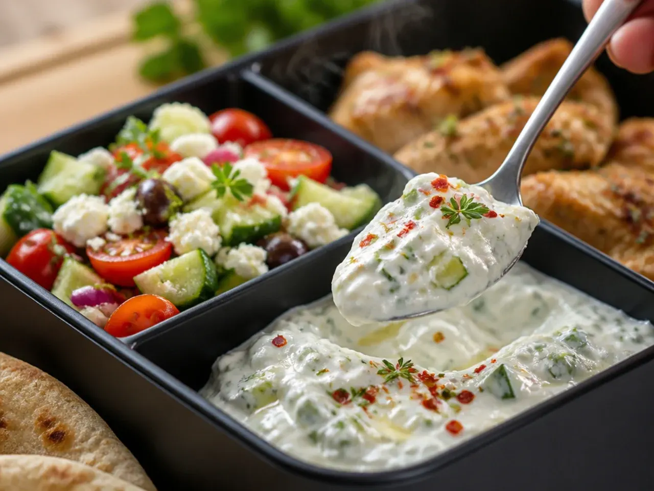 Fresh Greek salad bento with feta, olives and tzatziki dip