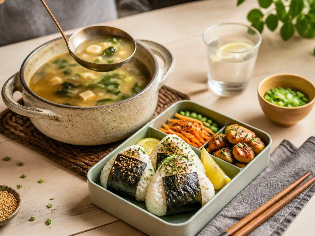Thermos of miso soup next to two onigiri rice balls wrapped in nori