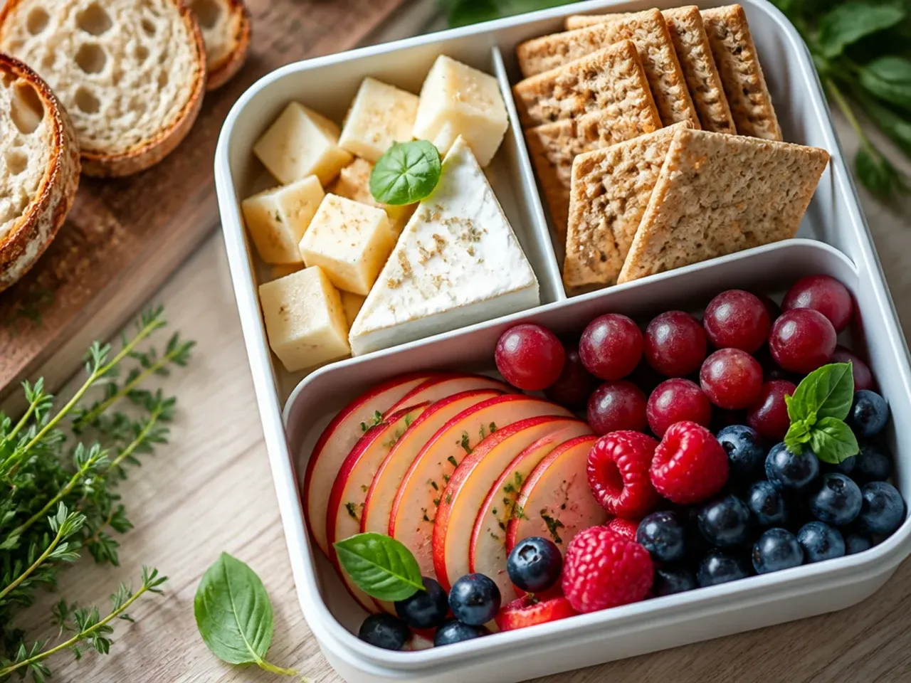 Simple bento box with sliced cheese, grapes, apple and crackers