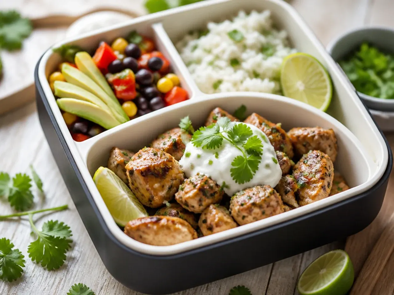 Zesty cilantro-lime chicken bento with rice, black beans and pepper