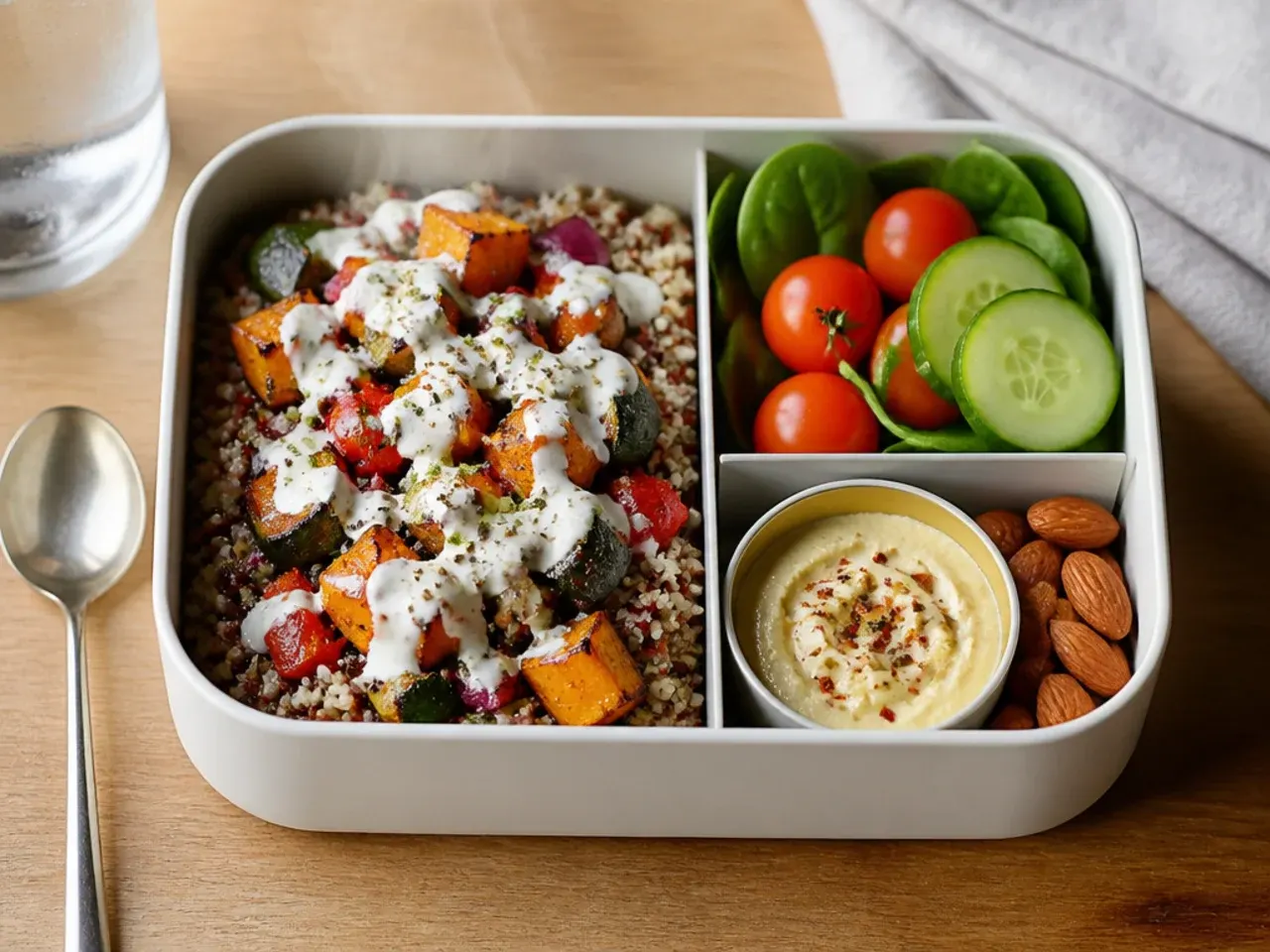 Wholesome quinoa bento box with roasted sweet potato and courgette