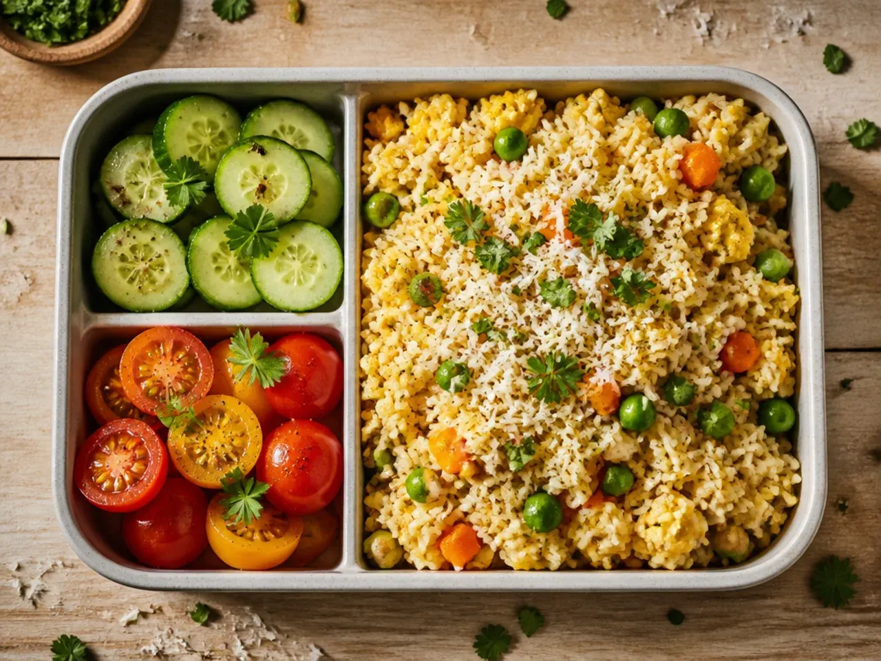 Budget bento box with egg fried rice, peas and spring onion
