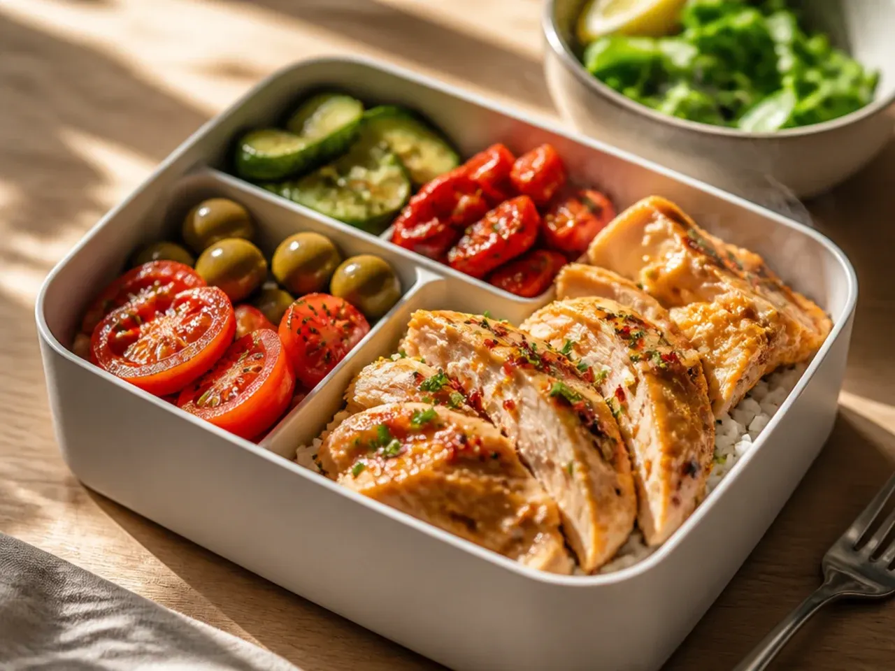 Weeknight bento box with shredded roast chicken, potatoes and gravy pot