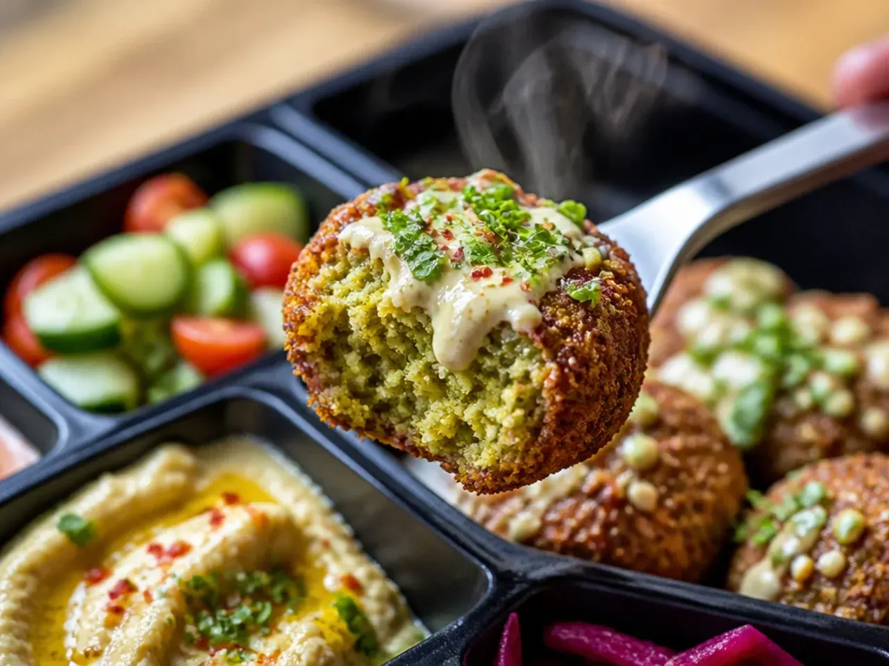 Rustic falafel bento box with hummus and cucumber-tomato salad