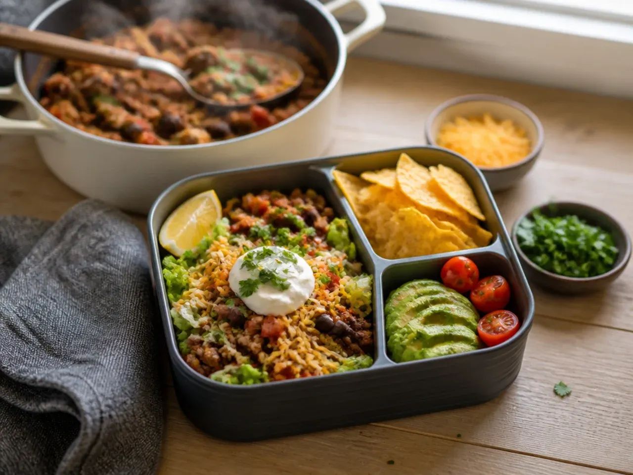 Loaded taco salad bento box with black beans, cheese and tortilla chips