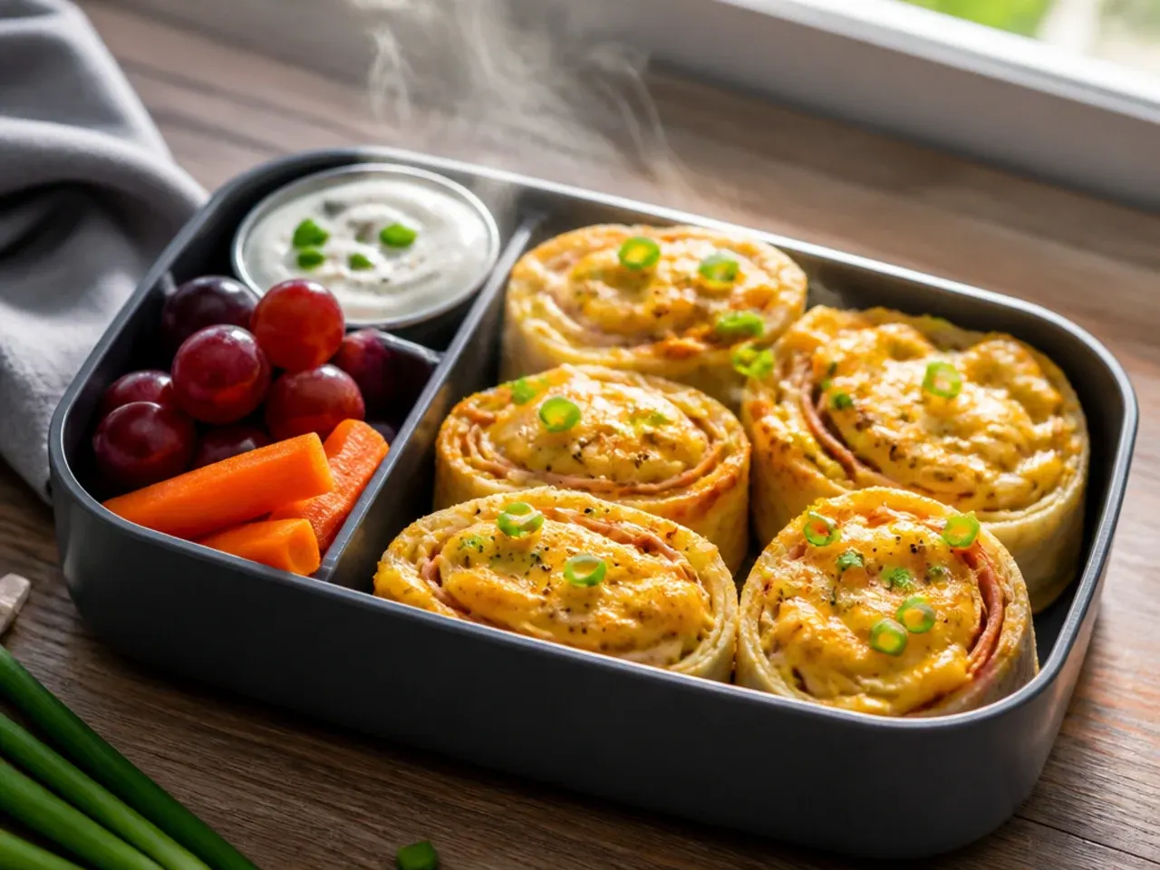 Family bento box with turkey and cheese tortilla pinwheels
