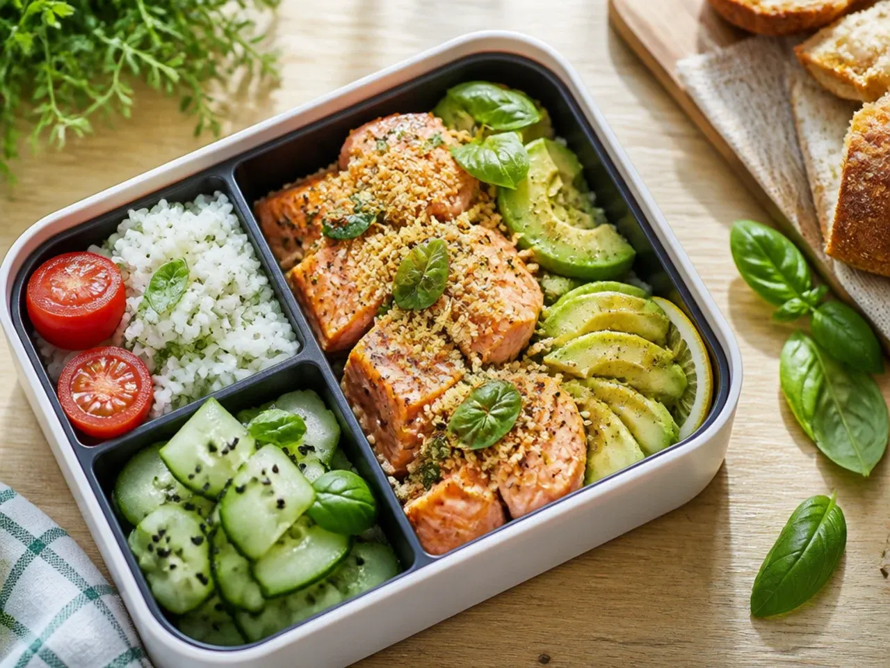 Best-ever bento box with flaked salmon, avocado and rice