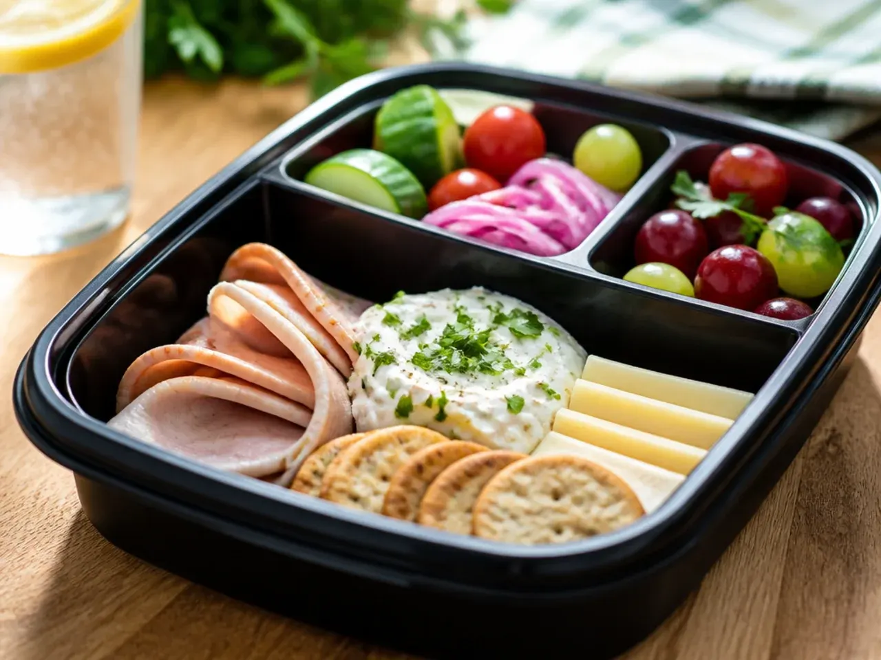 Quick no-cook bento box with deli meat, cheese cubes and crackers