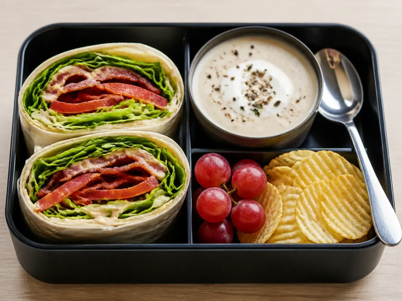 Classic BLT wrap bento box with bacon, lettuce, tomato and pretzels