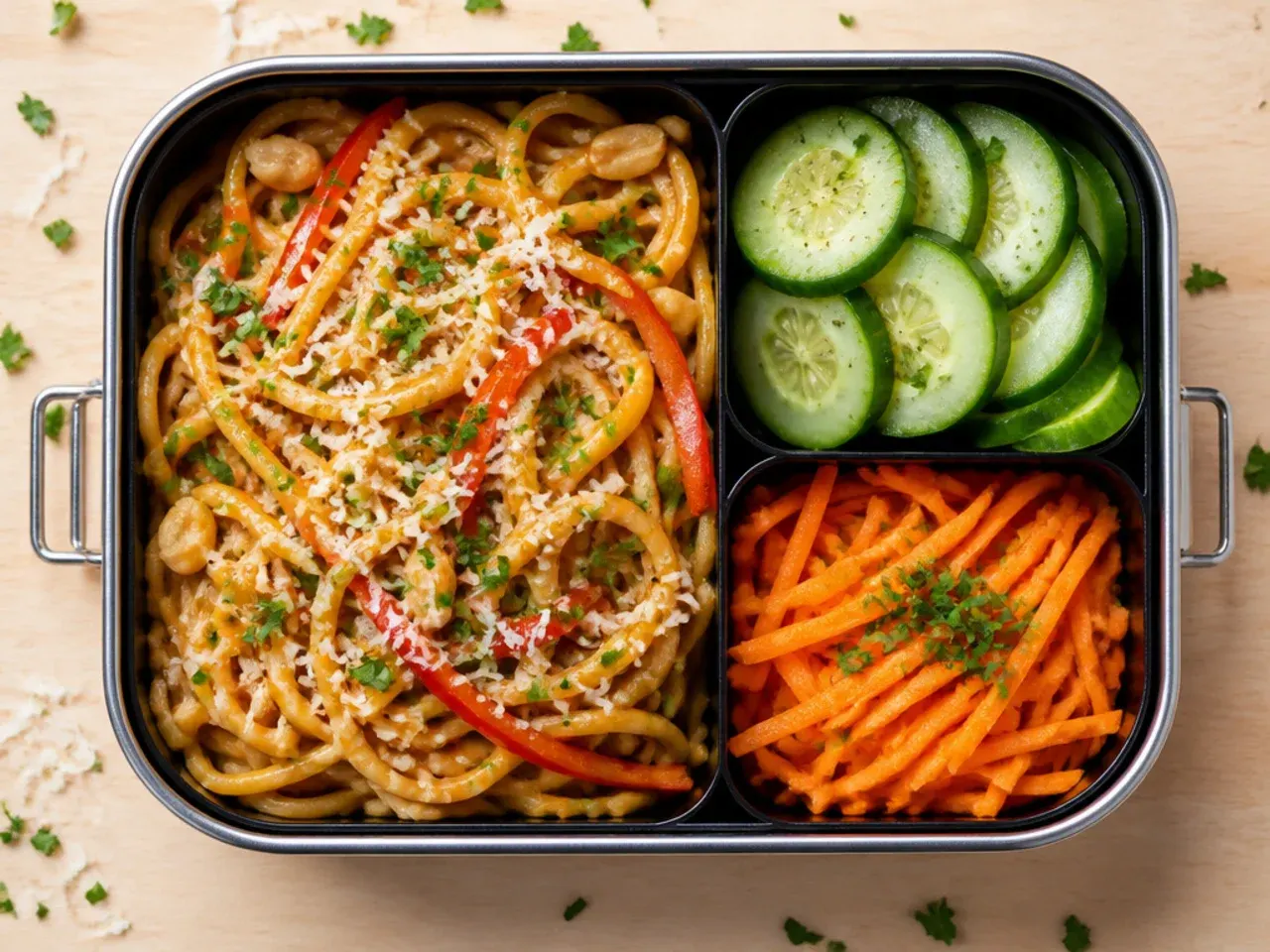 Easy peanut noodle bento box with edamame, carrot and crushed peanuts