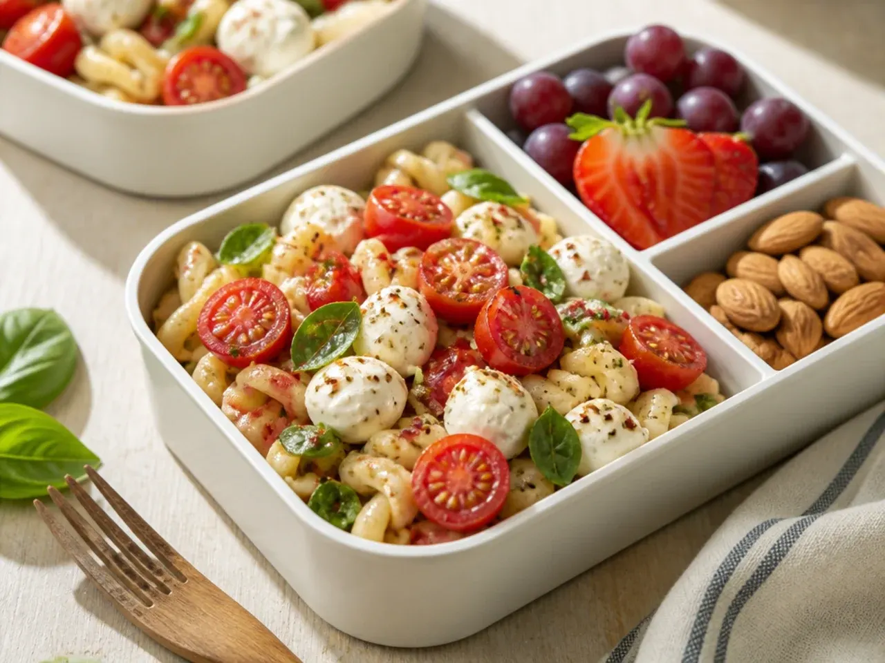 Fresh caprese pasta salad bento box with mozzarella and basil