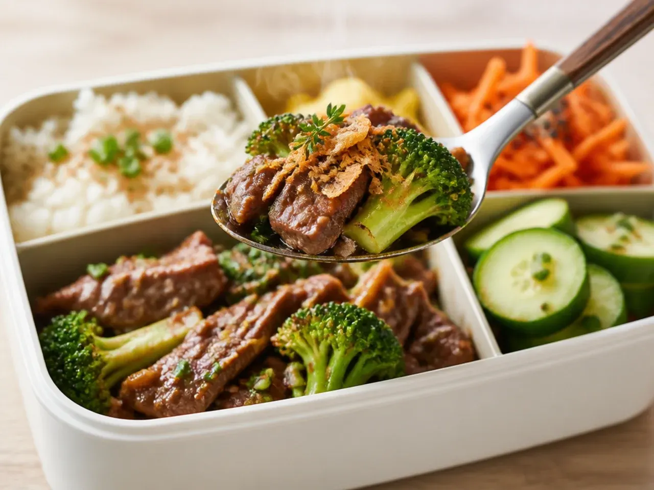 Cozy beef and broccoli bento box served over rice