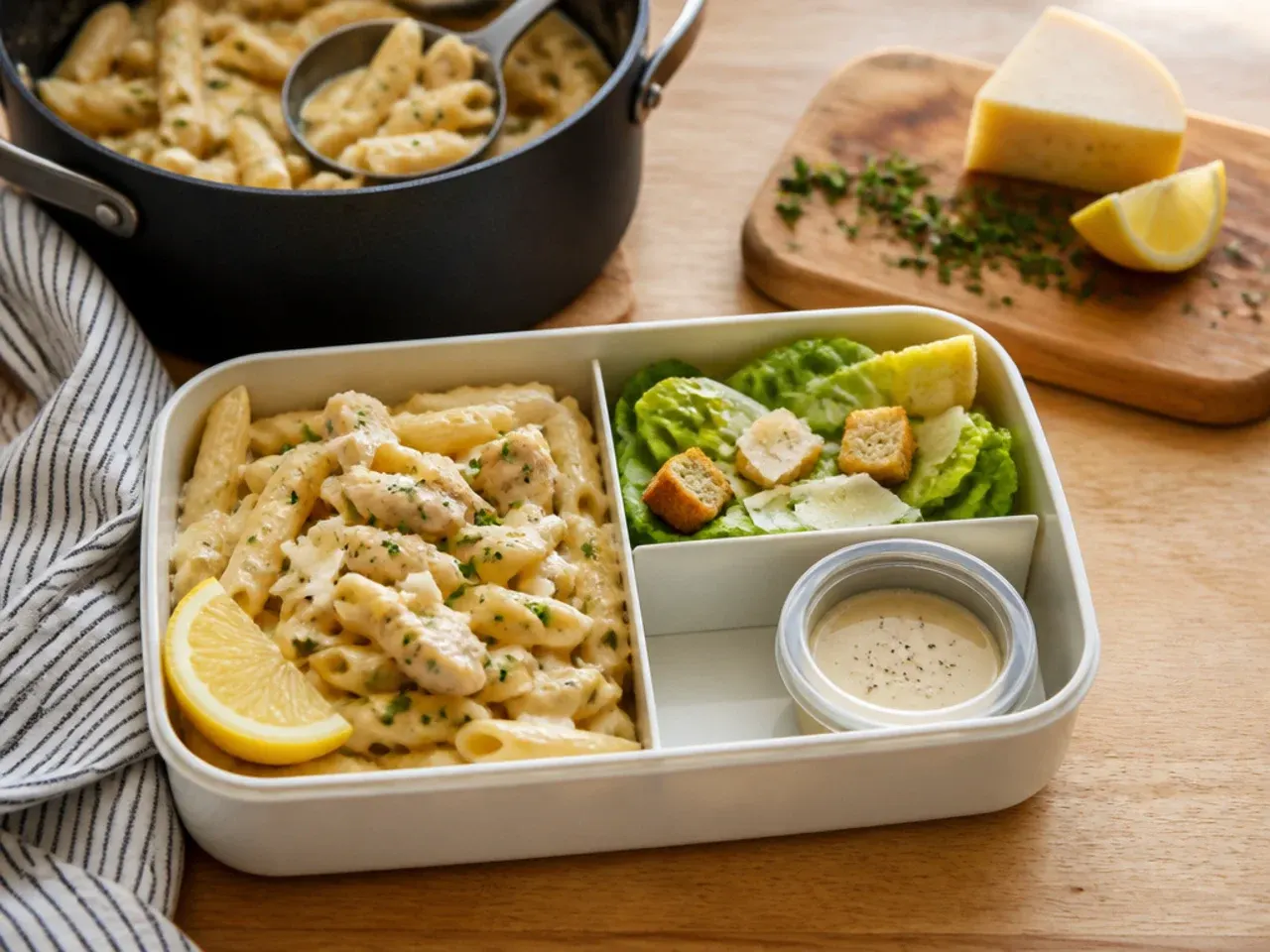 Creamy chicken Caesar pasta bento box with parmesan and croutons