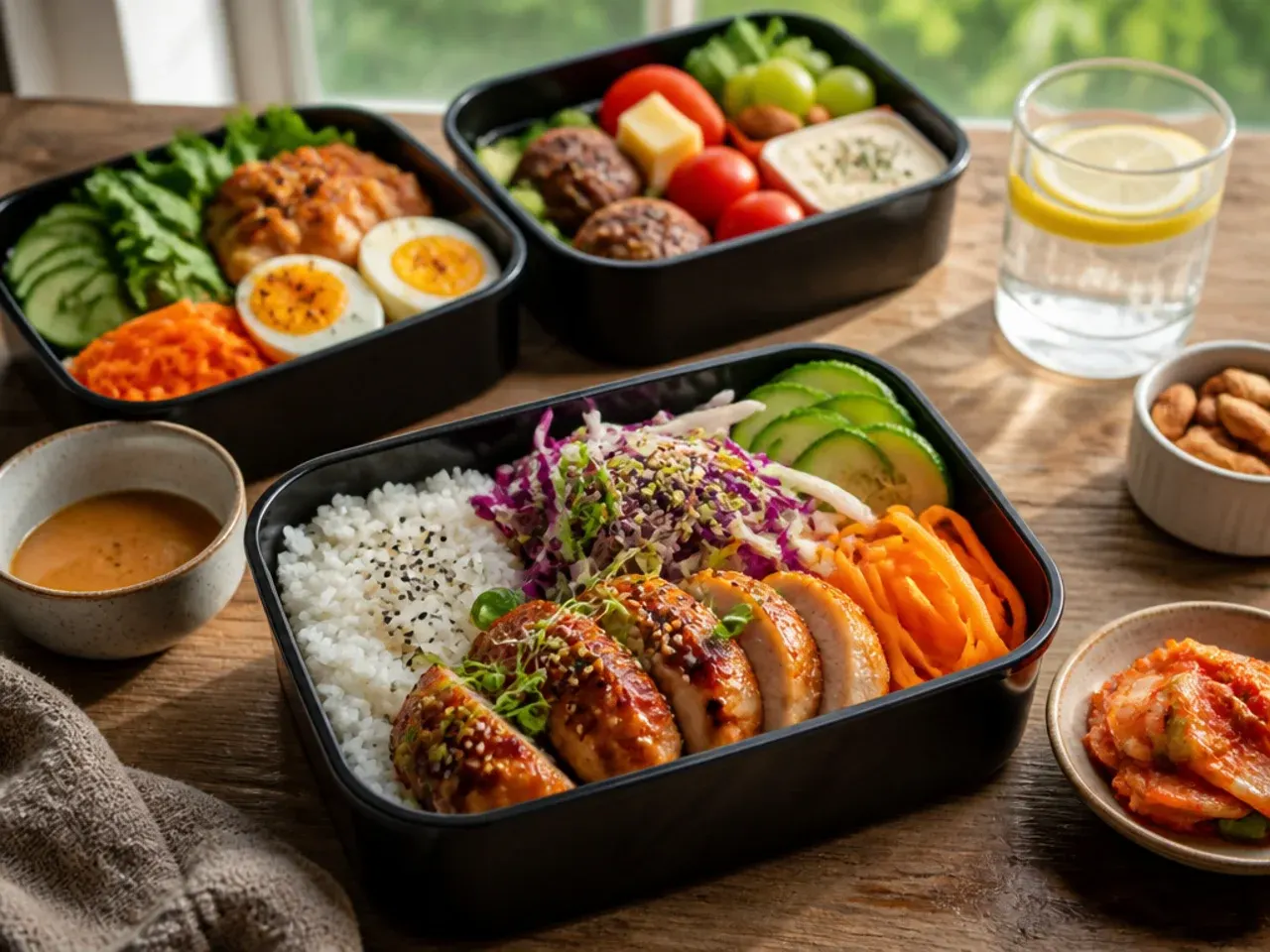 Bento box lunch served at a desk with fork, napkin and thermos