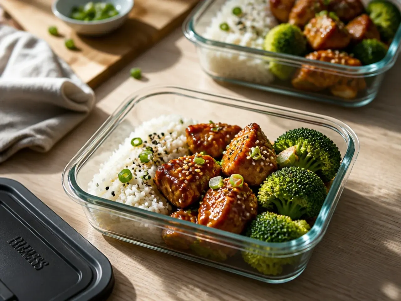 Stacked bento boxes stored in a refrigerator shelf