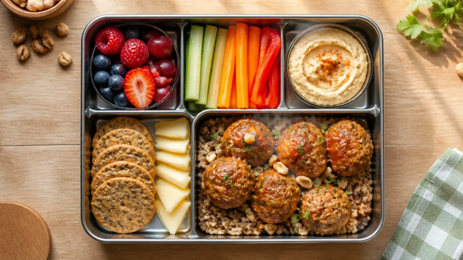 Overhead shot of a compartment lunch box filled with sliced chicken, lemony quinoa, cherry tomatoes and crumbled feta, ready for work.