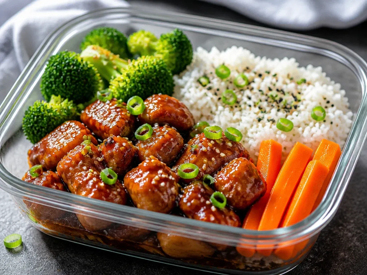 Row of five glass meal prep containers on a kitchen counter, each packed with a different lunch box combination.