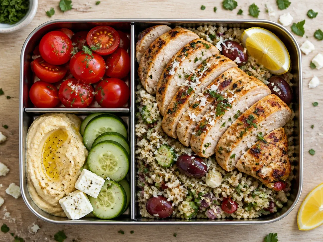 Compartment lunch box with sliced roast chicken, quinoa, cherry tomatoes, cucumber and feta.