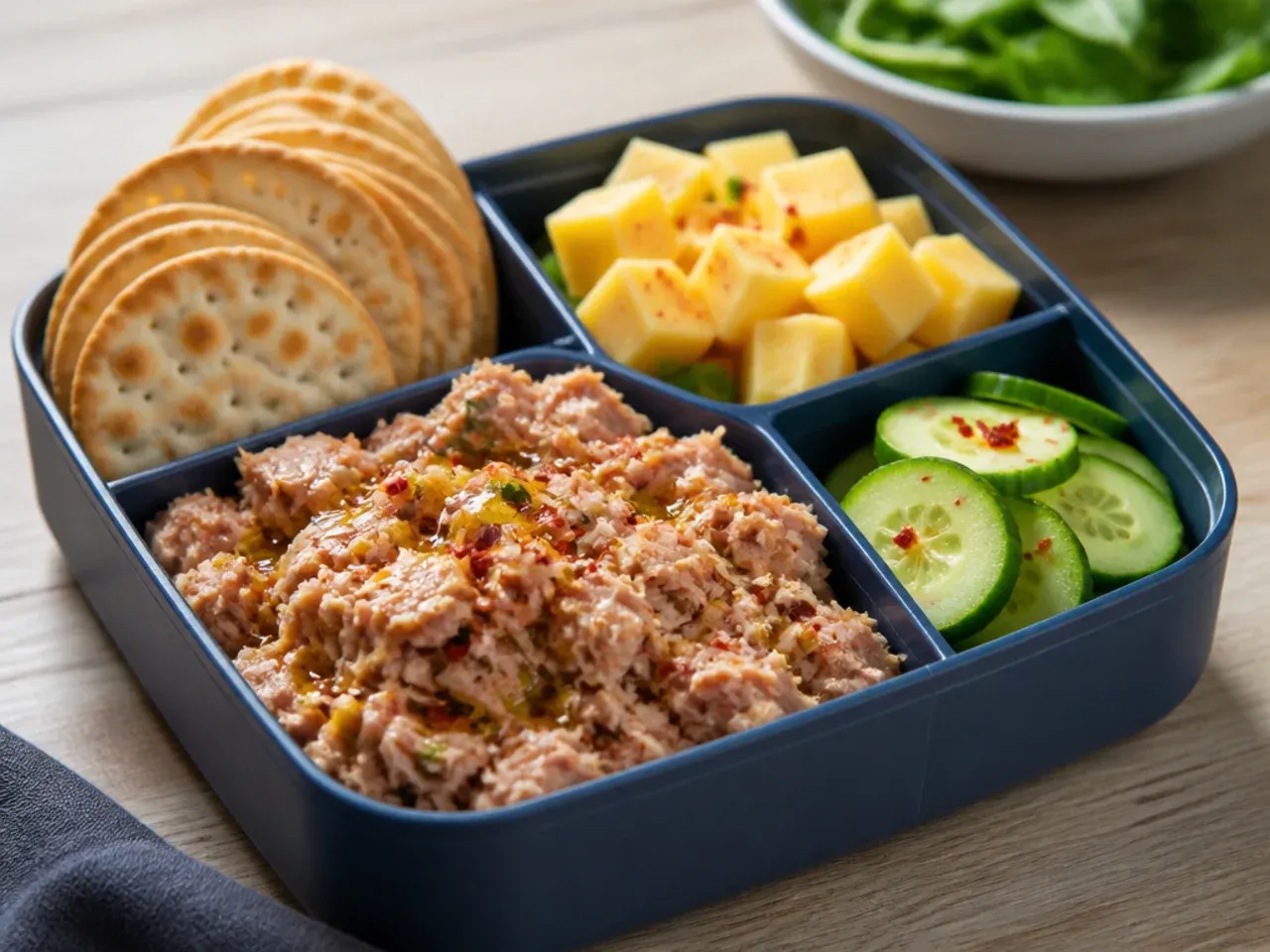 Bento box with tinned tuna salad, wholegrain crackers, cheddar cubes and cucumber sticks.